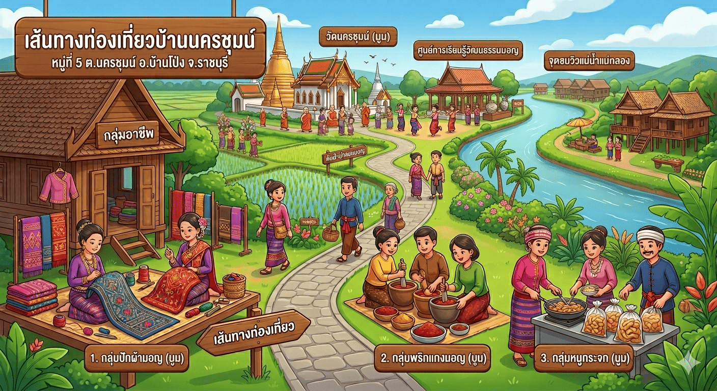  ประชาสัมพันธ์ เส้นทางท่องเที่ยว OTOP นวัตวิถี บ้านนครชุมน์ หมู่ที่ 5 ตำบลนครชุมน์ อำเภอบ้านโป่ง จังหวัดราชบุรี